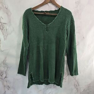 Vintage Sweater Womens Medium 90s Green Dark Forest Tunic Textured Waffle Henley